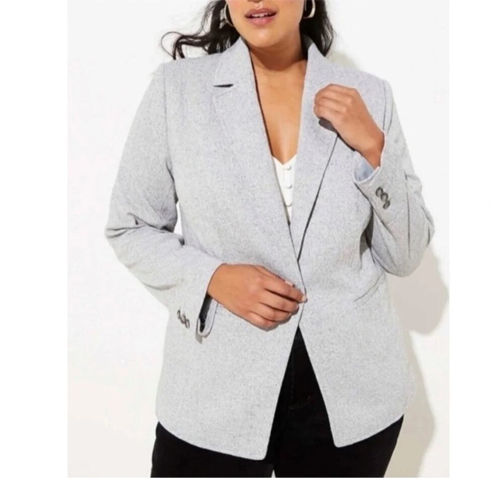 NWT LOFT Gray Herringbone Knit Blazer Jacket Coat Single Breasted Career Size 14